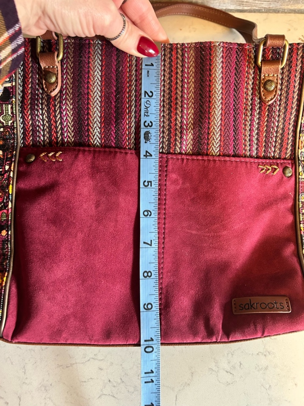Sakroots Metro Tote Burgundy Faux Suede & Multicolor Pattern Shoulder Bag - Picture 8 of 16